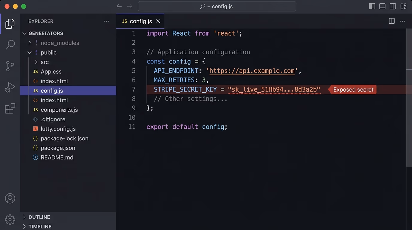 A common vibe coding mistake, a config.js file with a hardcoded Stripe secret key flagged Exposed secret