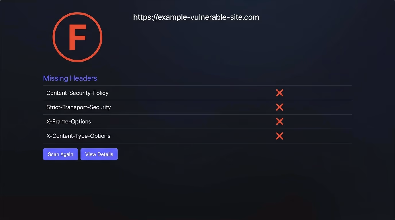 Vibe coding mistakes on the basics, a Security Headers report card with an F grade and missing headers