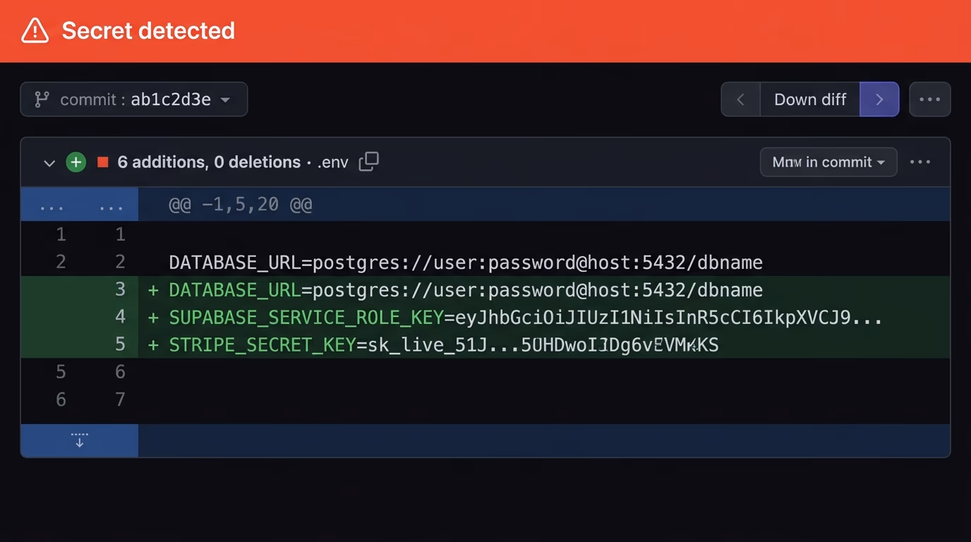 A vibe coding security mistake, a GitHub commit diff adding a .env of secrets with a Secret detected alert