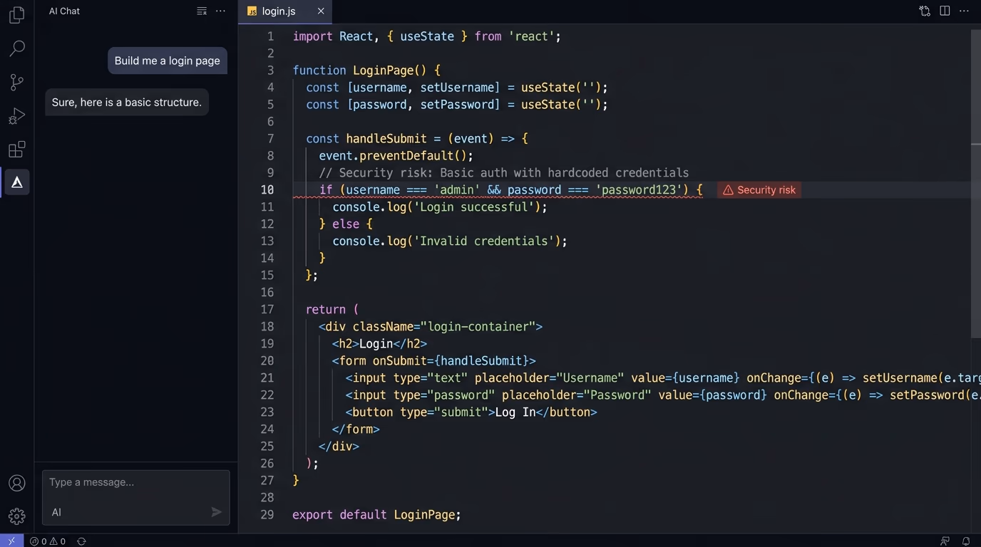 Vibe coding security risks, an AI code editor flagging a security risk in generated code
