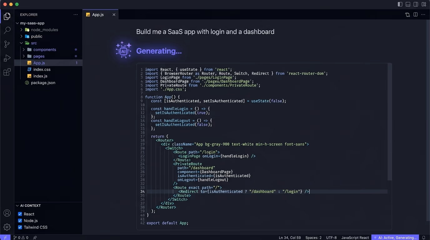 Vibe coding in action, an AI app builder editor generating a SaaS app with login and dashboard from a typed prompt