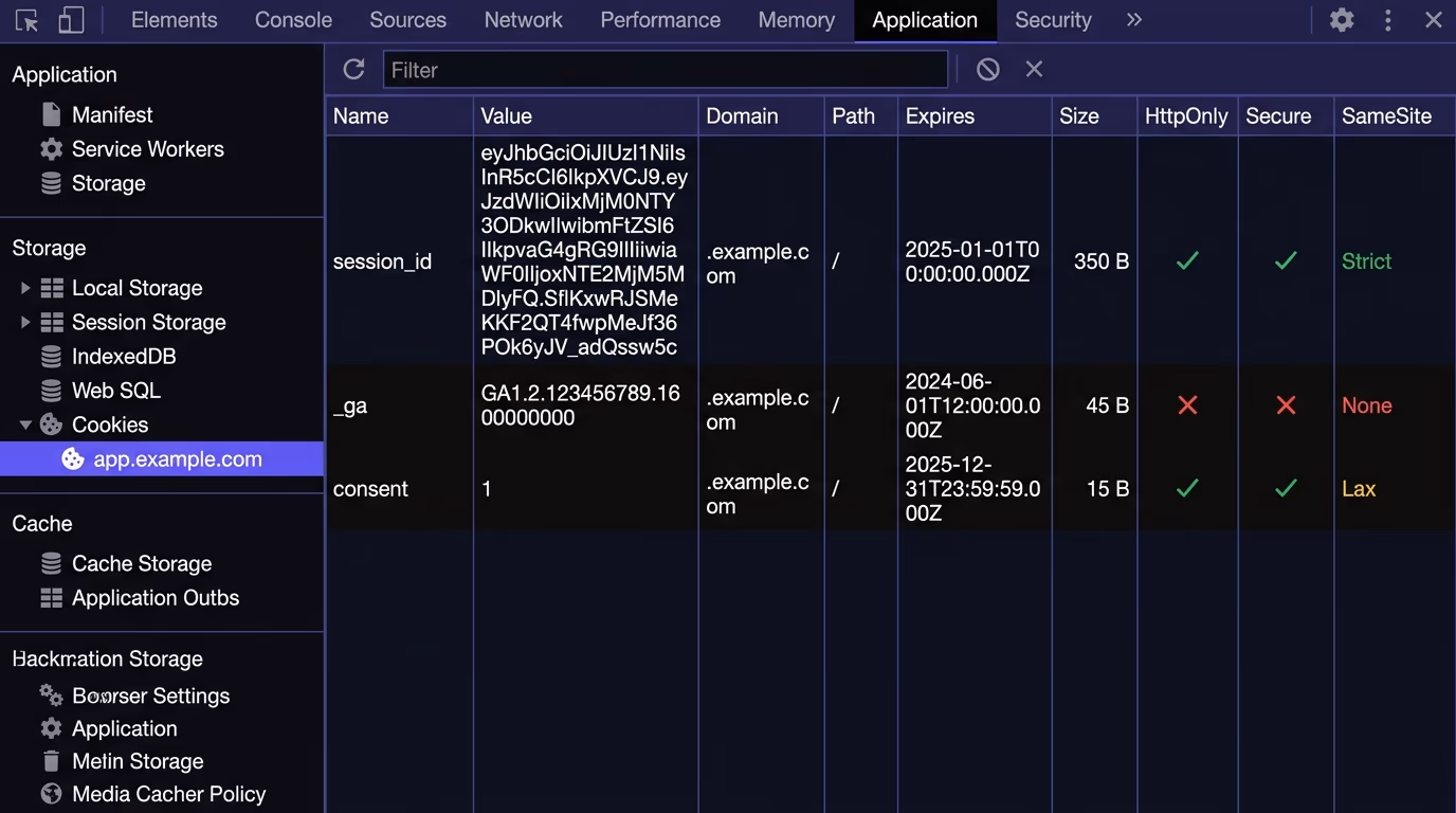 Cookie security flags configured correctly, a browser DevTools Application panel showing a session cookie with Secure, HttpOnly, and SameSite Strict attributes all enabled