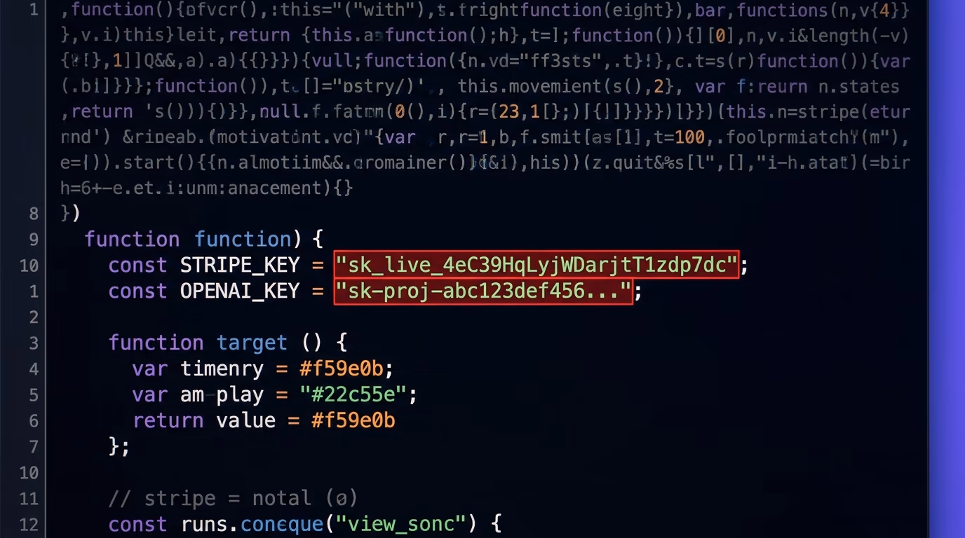 Exposed API keys in website code, a browser view-source page highlighting a Stripe secret key sk_live visible inside a bundled JavaScript file with red warning annotations