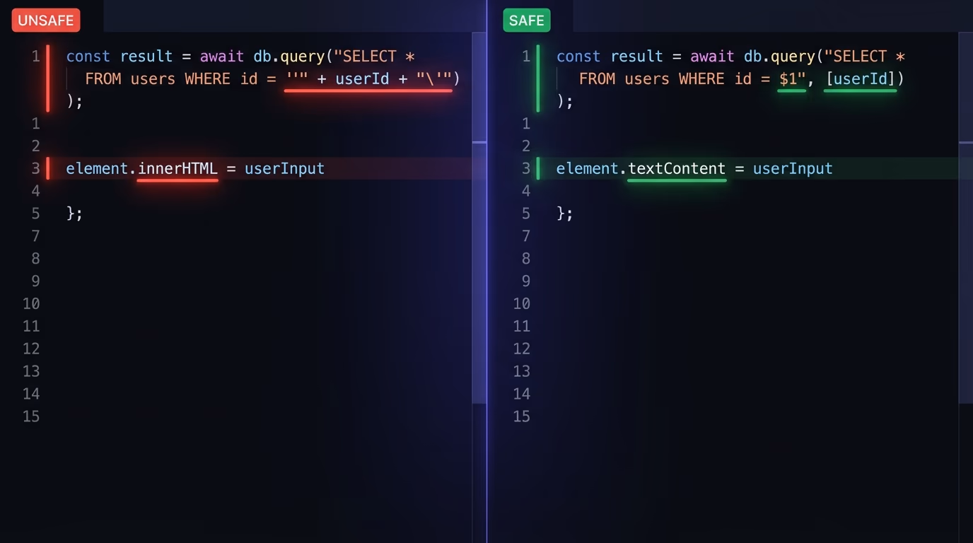 Form injection protection, a code editor showing a parameterized SQL query using $1 placeholder variables alongside an unsafe version using string concatenation highlighted in red