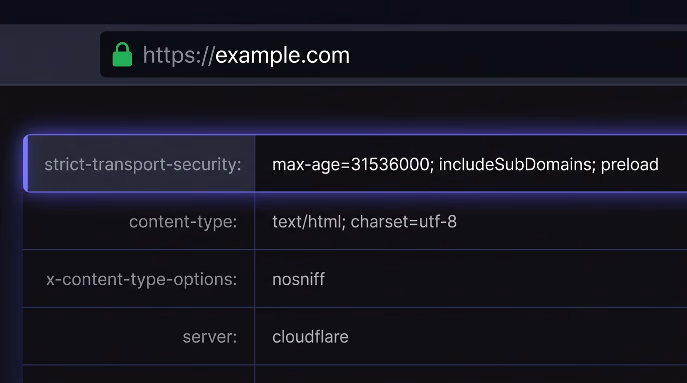 HTTPS and HSTS enforcement on a website, a browser address bar displaying a green padlock with a developer tools panel showing the Strict-Transport-Security response header