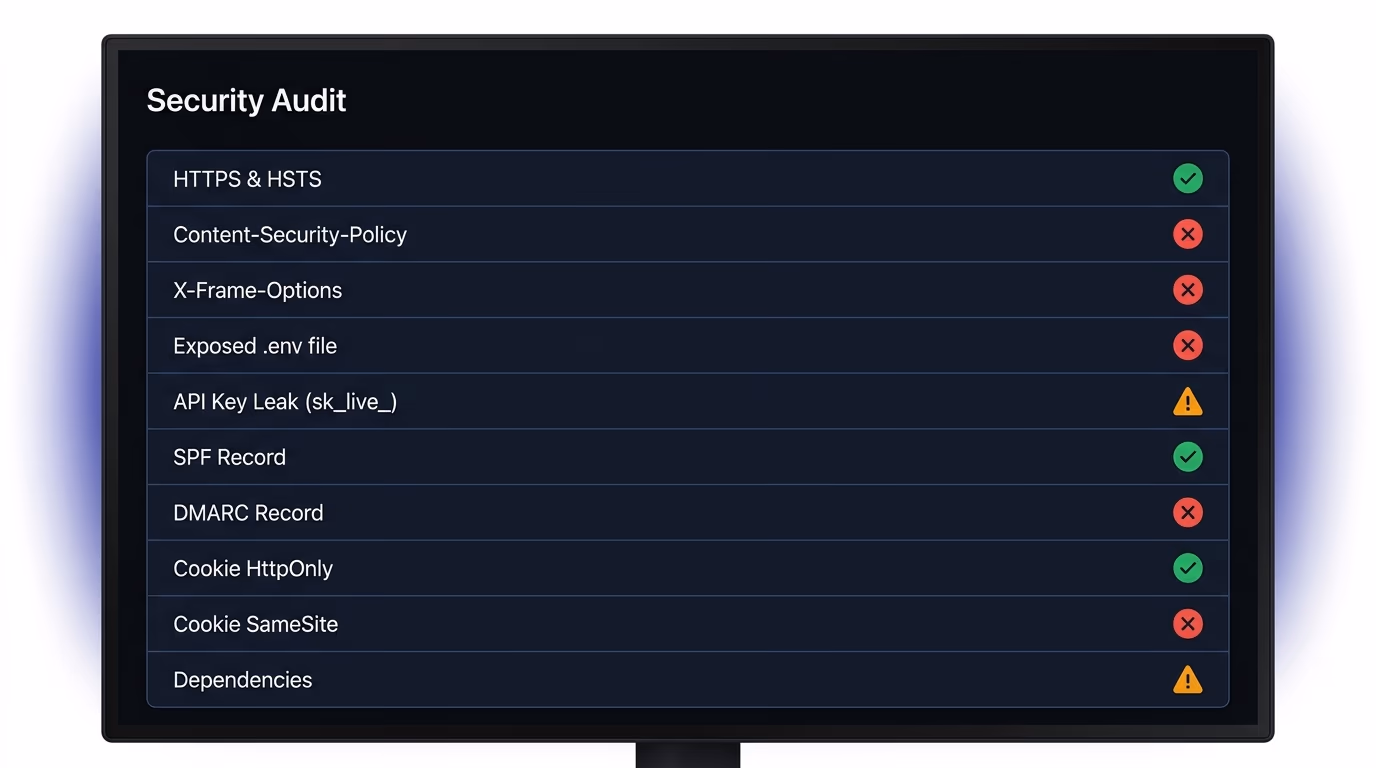 Website security checklist, a browser security audit panel showing passed and failed checks across headers, cookies, and exposed files