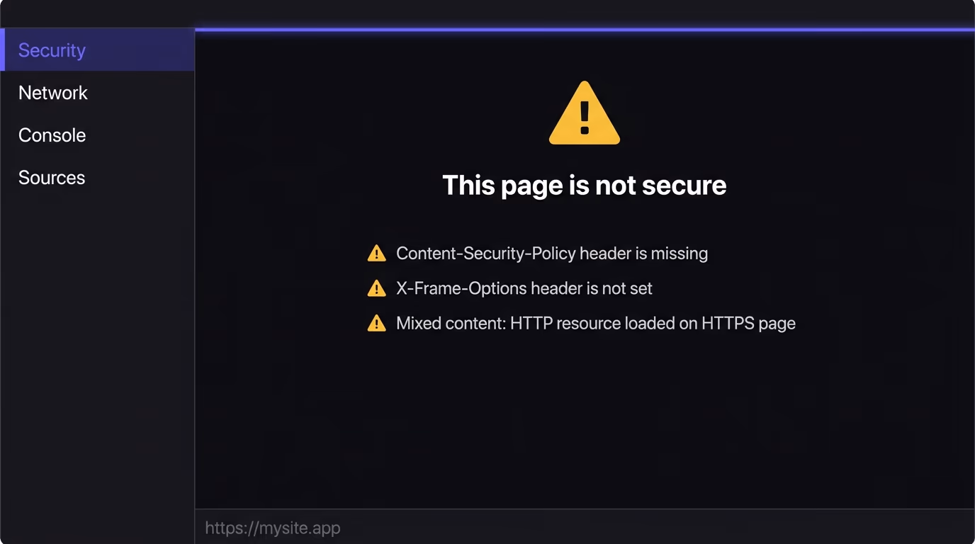 Website security checklist, a browser DevTools Security panel showing multiple warnings for missing Content-Security-Policy and X-Frame-Options headers on a live production site